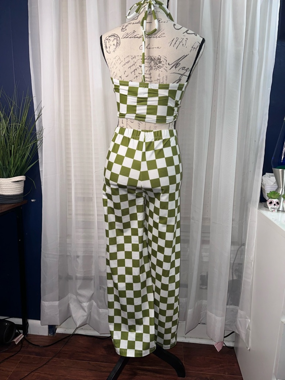 Princess Polly Olive and White Checkerboard Wide Leg Jumpsuit Set - Picture 5 of 7